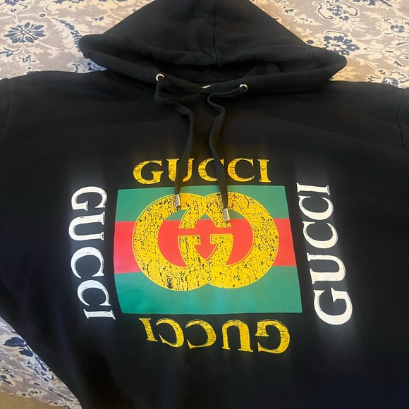 GG authentic & RARE black distressed Gucci Men’s hoodie sizeM, but can fit L. - Picture 2 of 10